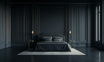 Luxurious large bedroom with black dark gray walls and a bed. Deep rich colors grey, graphite and white. Blank mockup background design room. Empty space for art