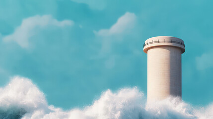 Dam with high water level and white splash of wave from waterfall creates stunning contrast against bright blue sky, evoking sense of power and tranquility