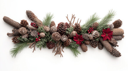Cozy red and green garland with rustic pinecones and festive accents