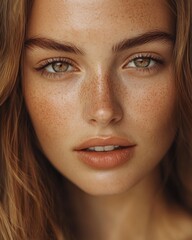 Fototapeta premium High-resolution close-up portrait of a woman with natural freckles, green eyes, and soft makeup, highlighting her flawless skin and natural beauty.