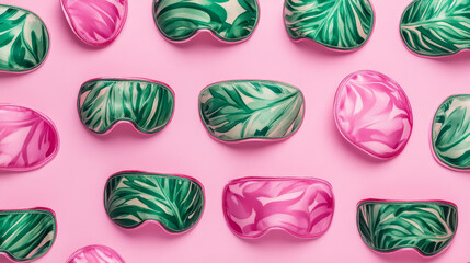 
A stylish banner featuring a pattern of pink and green silk sleeping masks arranged on a soft pink background.