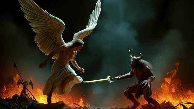 Epic battle scene between an angel and a demon. The angel, with radiant white wings, faces the horned demon wielding a flaming sword. Fiery background accentuates the intense, celestial clash.