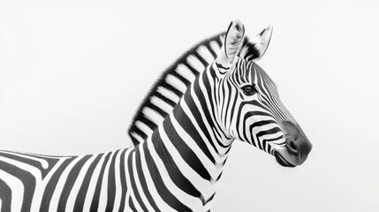 A striking black-and-white portrait of a zebra, showcasing its distinctive stripes against a minimalist background.
