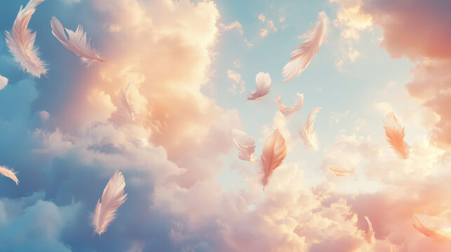 
A dreamy, abstract scene featuring soft and light white fluffy feathers floating gently in the sky. The feathers, reminiscent of swan feathers, drift peacefully among soft, billowy clouds