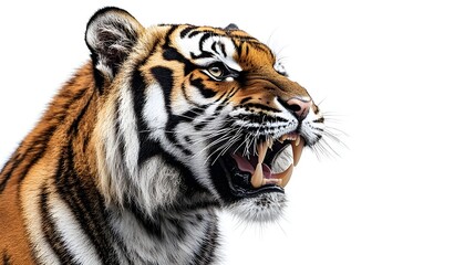 Fototapeta premium Fierce and Powerful Tiger Isolated on a Pristine White Background,Captivating Portrait of a Majestic Apex Predator of the Wild