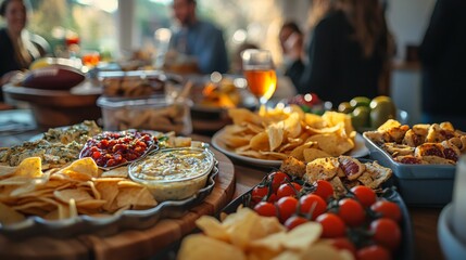 Fototapeta premium Super Bowl party spread featuring footballshaped cheese platter