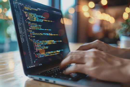 A software developer writes code to develop AI software on a laptop for a company.