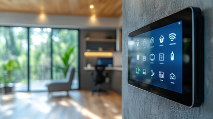 Smart Home Control Panel with Icons on a Grey Wall