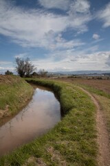 Serene rural landscape with a winding stream.
