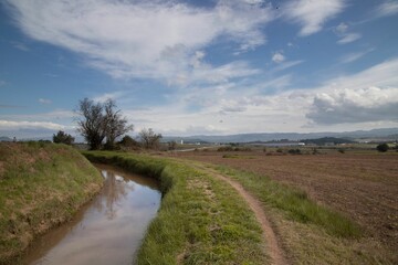 Scenic rural landscape with a stream and dirt path.
