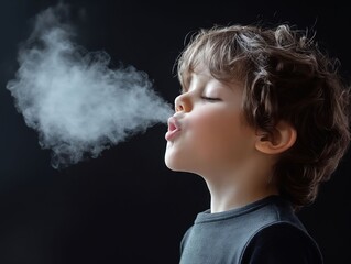 A young boy is blowing smoke out of his mouth