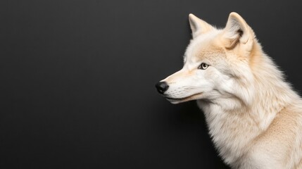 Obraz premium A profile view of a majestic white wolf against a dark background, showcasing its serene expression and fluffy fur.