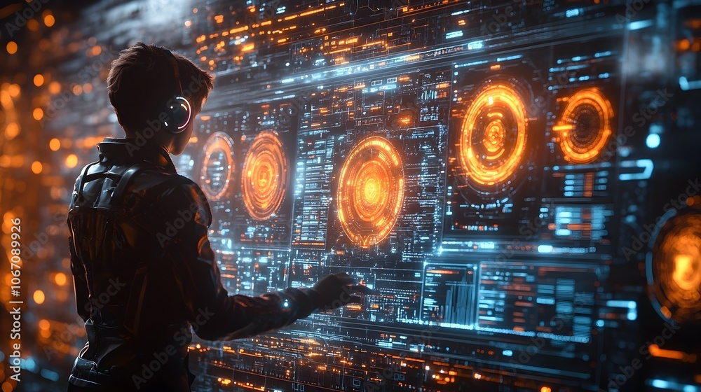 Poster Futuristic digital interface with holographic data visualization and technology concept. Showcasing advanced intelligence,machine learning.