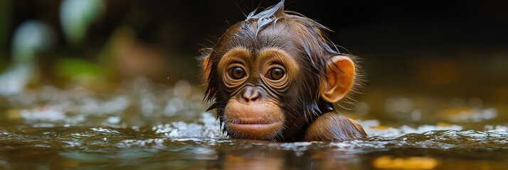 A young chimpanzee peeks from the water, its expressive eyes capturing curiosity and its wet fur adding charm.