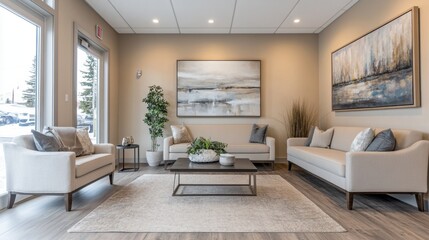 Fototapeta premium A modern, airy waiting area featuring comfortable seating and calming decor, ideal for relaxation and conversation in a contemporary design