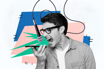 Composite trend artwork sketch image photo collage of monochrome student eyewear young man scream...