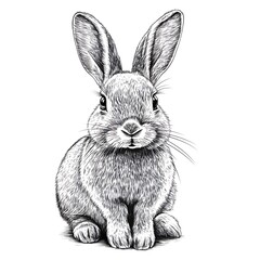 Obraz premium A detailed black and white illustration of a cute rabbit sitting on a white background.