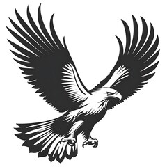 Fototapeta premium A black and white illustration of an eagle in flight with its wings spread wide.