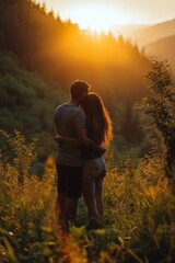 Fototapeta premium Couple stands together in a picturesque landscape, embraced warmly, while the sun sets behind the mountains, casting a glow.