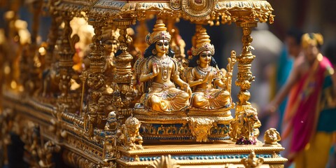 Golden Statues of Hindu Deities on a Chariot
