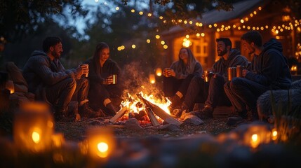 Friends gathering around a cozy bonfire.