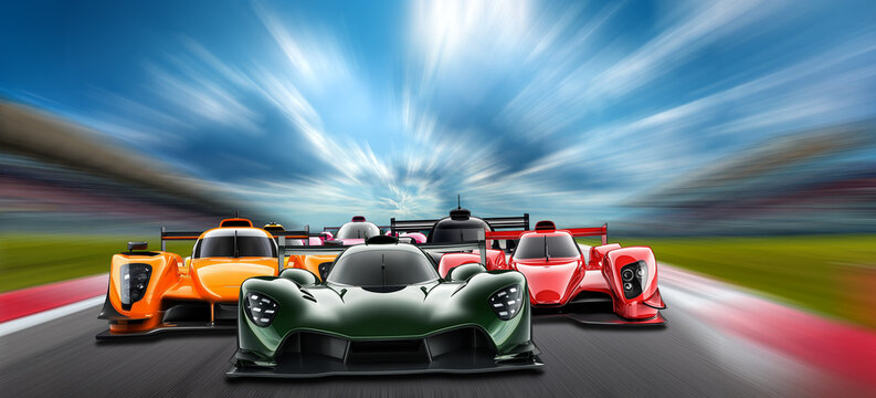 View on pack of colorful Pack or group  of  hypercar endurance 24h race cars with green leading  on  modern race track packed with fans. Fast dynamic thrilling motorsport and background concept.