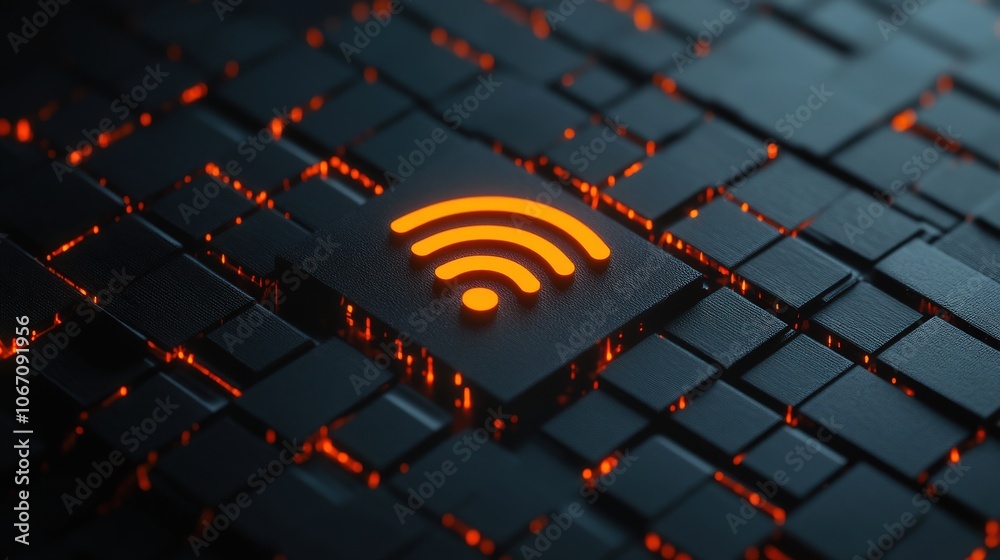 Poster flickering wifi symbol over digital grid, [unreliable wifi risk], [communication failure]