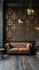 Fototapeta premium Cozy interior with a vintage leather sofa, elegant decor, and warm lighting in a rustic style