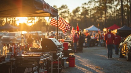Tailgating scene with fans grills flags and pregame fun