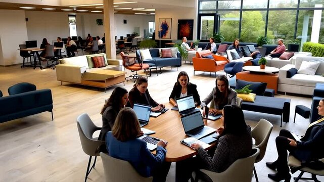  A modern co-working space with a group of professionals working on laptops at a shared table, surrounded by open seating and natural light. The image captures the collaborative and flexible nature of