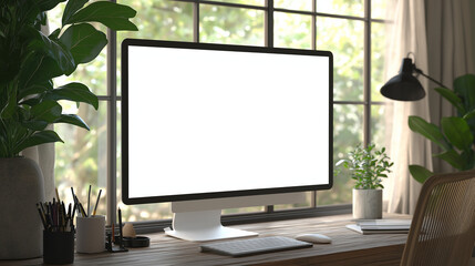 Fototapeta premium A desktop with empty white screen on a table in green office or room. for mockup template. 