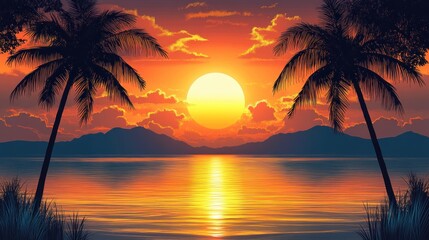 Obraz premium A Vibrant Sunset Over a Tropical Sea With Silhouetted Palm Trees and Mountains