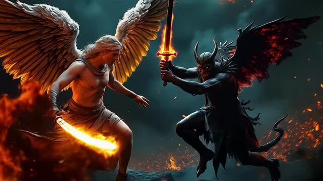 Epic battle scene between an angel and a demon. The angel, with radiant white wings, faces the horned demon wielding a flaming sword. Fiery background accentuates the intense, celestial clash.