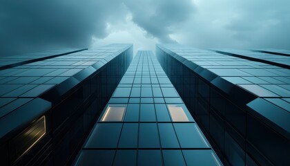 Fototapeta premium A dramatic view of a modern high-rise building with reflective glass surfaces, stretching upwards into cloudy skies.