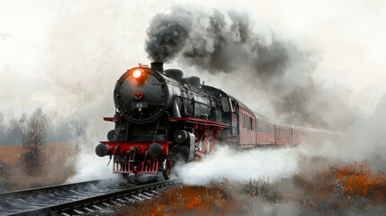 Fototapeta premium A vintage steam locomotive chugs along a misty track, emitting smoke and creating a nostalgic atmosphere amidst a scenic landscape.