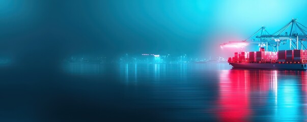 A serene, foggy harbor scene with illuminated containers reflecting vibrant blue and red hues on the water's surface.