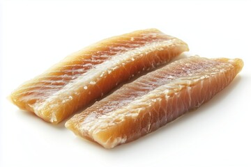 Smoked herring fillet beautifully arranged on pure white background. AI generated