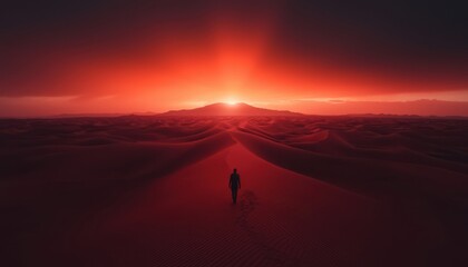 Obraz premium A solitary figure stands in a vast desert at sunset, surrounded by crimson sands and dramatic lighting, evoking a sense of tranquility and wonder.