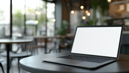 A laptop with empty screen on a table in green offfice for mockup template. 