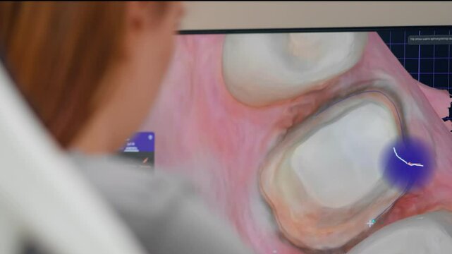close up professional laboratory for the production of dental prostheses veneers 3D model of teeth on a computer discussion of further work