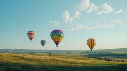 Obraz premium A picturesque scene with multicolored hot air balloons soaring through a bright blue sky adorned with fluffy white clouds. 