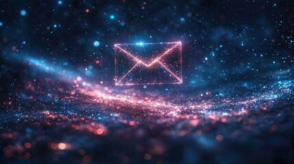 A captivating digital rendering of a glowing envelope symbolizing communication amidst a cosmic background of starlit particles