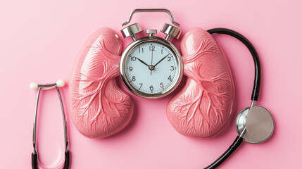 A vibrant illustration featuring a lung symbol, a stethoscope, and an alarm clock set against a soft pink background.