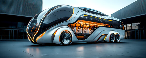 A futuristic, sleek bus design showcasing modern aesthetics and advanced technology, set against a contemporary urban backdrop.