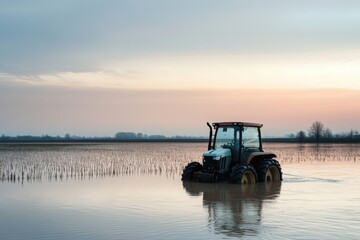 Tractor partially submerged in a flooded agricultural field