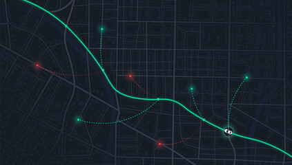 Abstract GPS navigation, smart car location, delivery Route Optimization with data of arrive time on city map. Intended goal point, multiple markers. Vector illustration with route, alternative paths