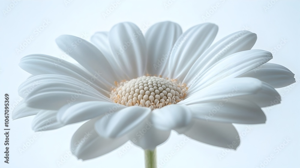 Poster macro close-up of a single pristine white daisy flower with soft,elegant petals against a simple,min