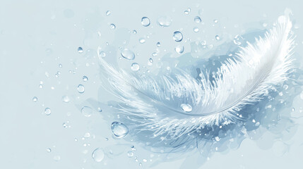 
A delicate and dreamy artistic image featuring a white, soft feather with transparent drops of water resting gently on it.