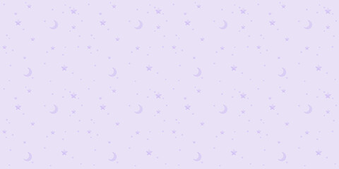 A seamless pastel purple background with a lovely pattern of pastel purple stars and moons of various sizes.