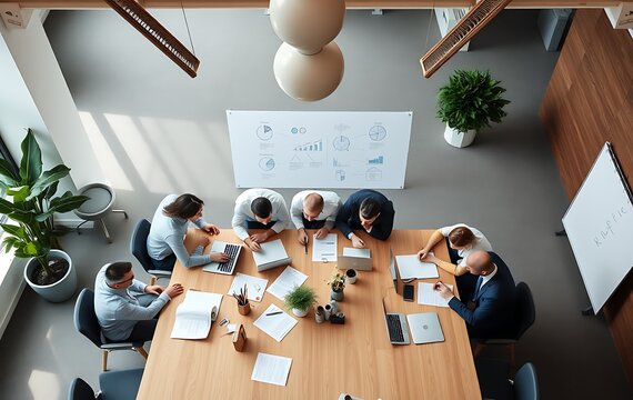 Overhead shot of business panel in office meeting collaborating around large table